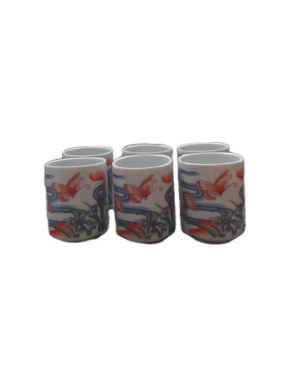 Vintage Japanese Porcelain Yunomi Tea Cups - Set of 6 Handleless Sushi Cups